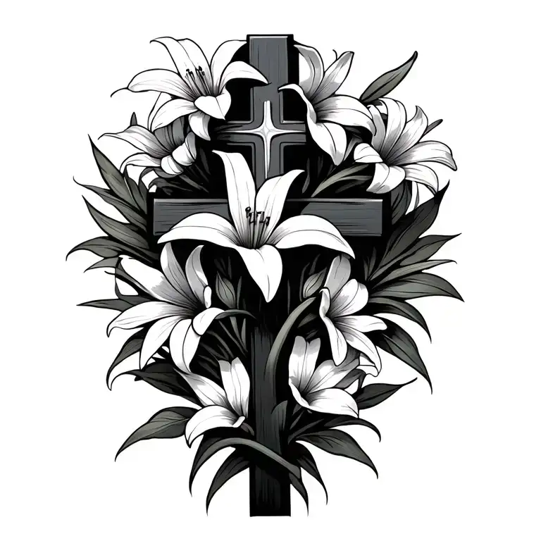 Christian Cross With Lily And Daisy Flowers Intertwined
