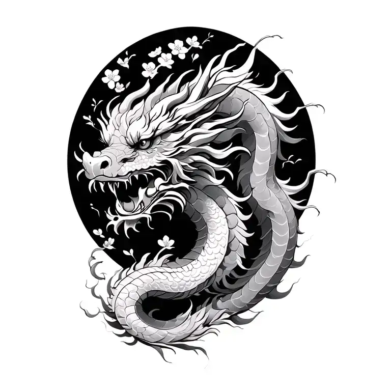 Chinese Dragon And Cherry Blossom Tree