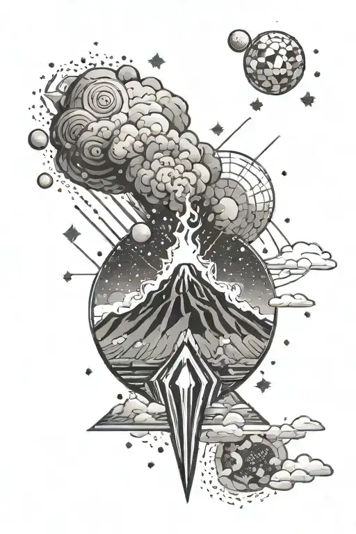 An Erupting Volcano With A Space Background With Galaxies Planets And Stars In A Geometric Design