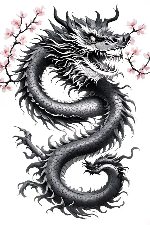 Chinese Dragon And Cherry Blossom Tree