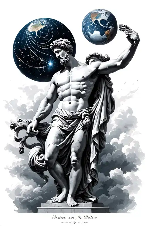 Statue Of Atlas Holding Up The World With A Virgo Constellation Intertwined