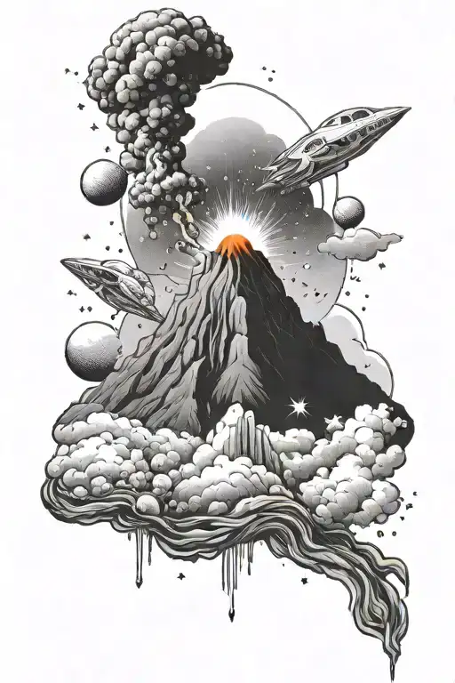 A Minimalist Black-grey Tattoo Of A Volcano Erupting With Stars And Planets In The Background
