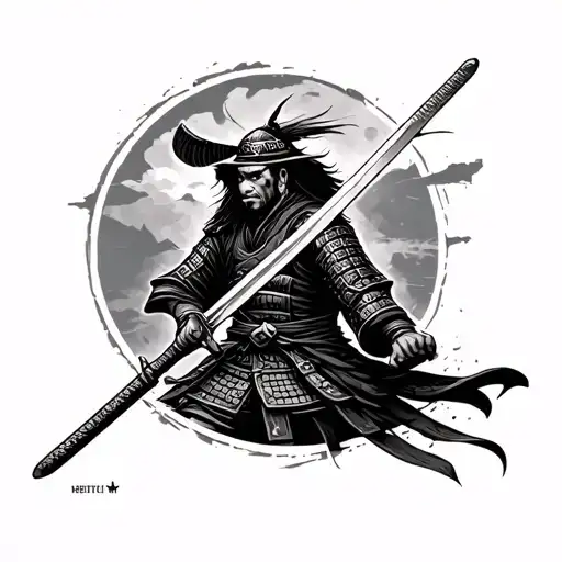 Carapuce In Samurai With Saber In A Tape Tattoo That Exceeds On The Sides