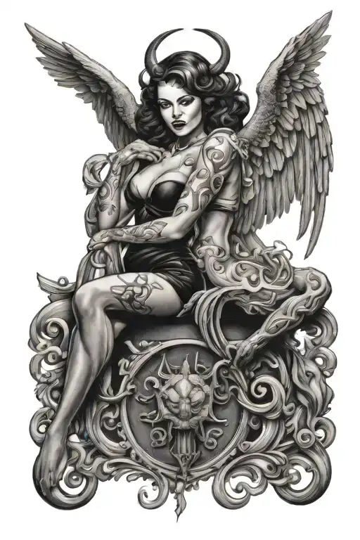 Matching Both Thighs Pinup Devil Woman And Angel Woman Tattooes