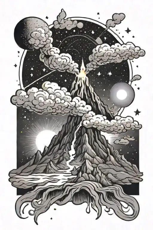 A Black-grey Tattoo Of A Volcano With Lava Flowing Into A Galaxy Filled With Stars