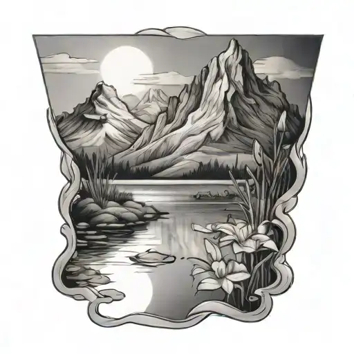 A Black And Grey Tattoo Of A Mountain Reflecting In A Tranquil Lake Surrounded By Lilies