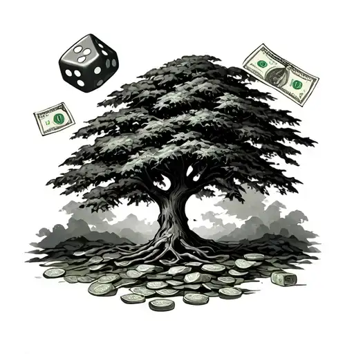 Dice And Money And Tree Tattoo Design