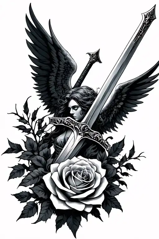 Archangel With Sword And Thorny Rose Intertwined