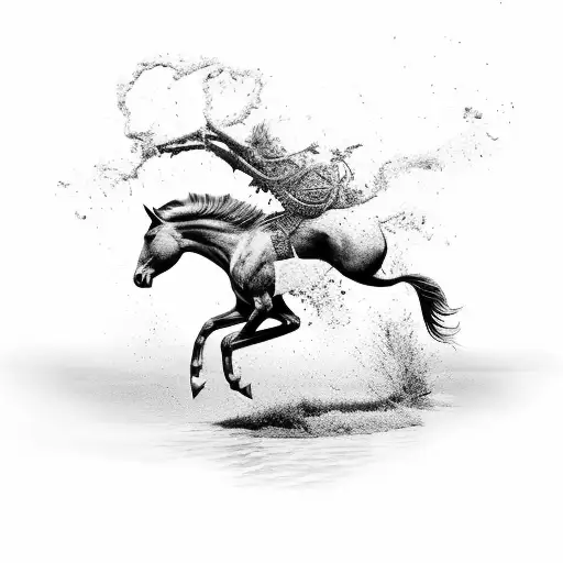 A Detailed Black And Grey Tattoo Of A Horse Jumping Over A Stream In A Lush Meadow