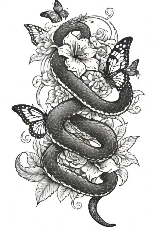 Snake With Flowers And Butterflies