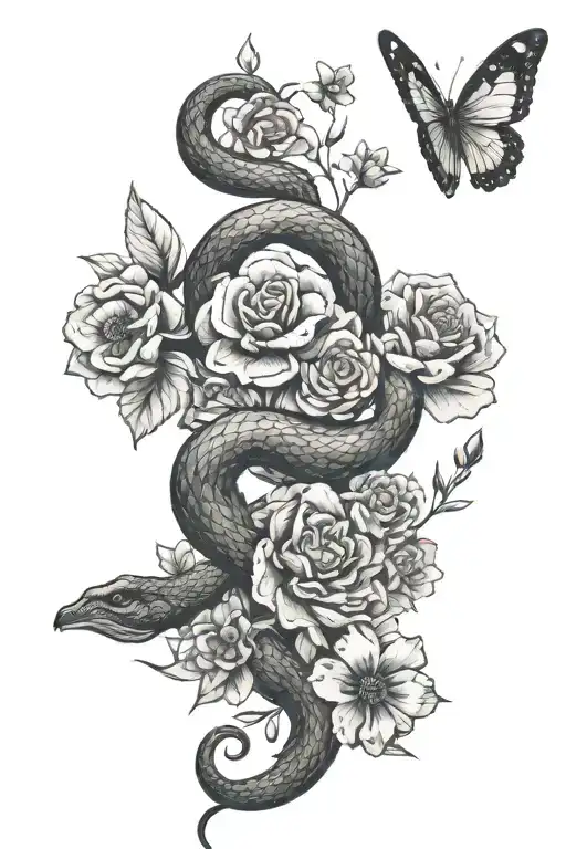 Snake Wrapped Around Wrist With Wild Flowers And Butterflies