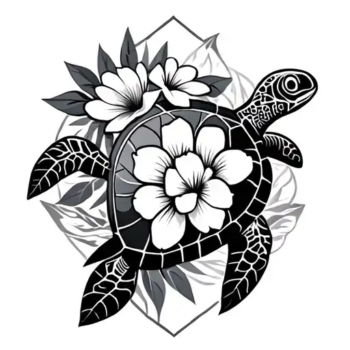 Geometric Design Incorporating Turtles And Hawaiian Flowers