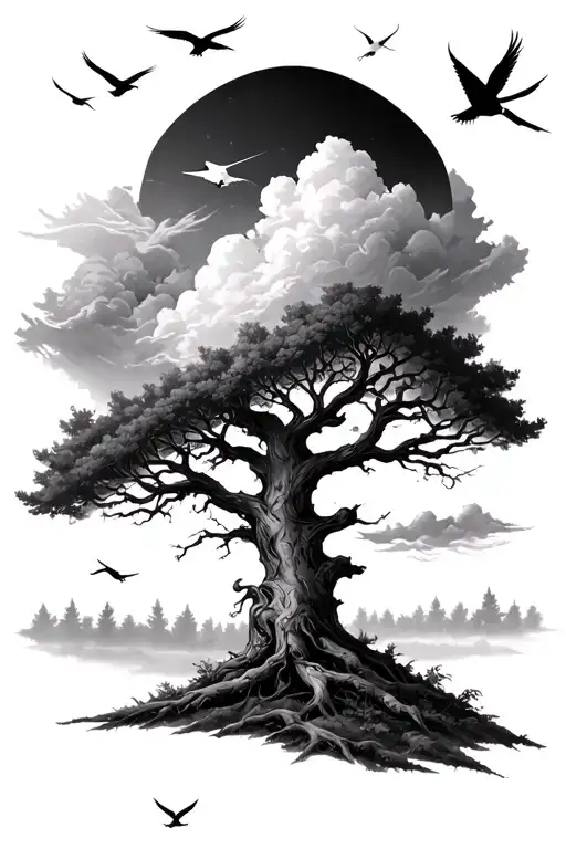 Poison Tree In A Forrest With Clouds In And Birds In The Sky