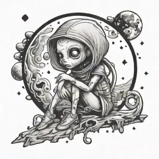 A Cute Girl Alien In Unfamiliar Surroundings With Galaxies And The Moon Behind