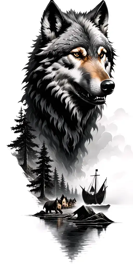 Forest Below A Howling Wolf Followed By A Large Viking Village And Water With A Viking Boat