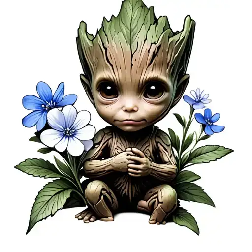 Baby Groot Holding A Forget Me Not Flower Blooming