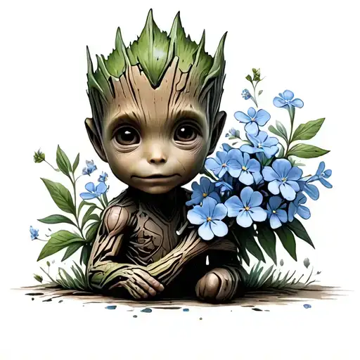 Baby Groot Holding A Forget Me Not Flower Bouquet