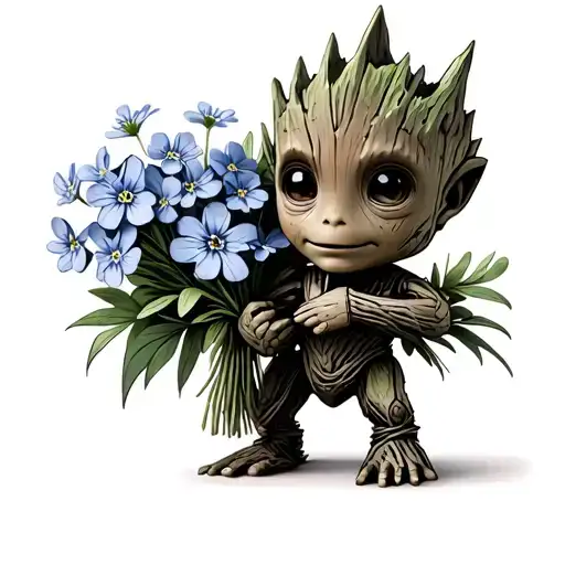 Baby Groot Standing Up Holding A Forget Me Not Flower Bouquet