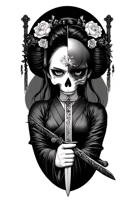 Geisha Holding A Sword And Half Her Face Is Skull