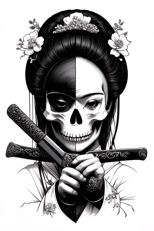 Geisha Holding A Katana In The Middle And Half Her Face Is Her Skull