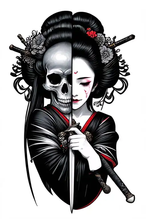 Geisha Holding A Katana Up To Her Face And One Half Is Skull And The Other Half Is Skin