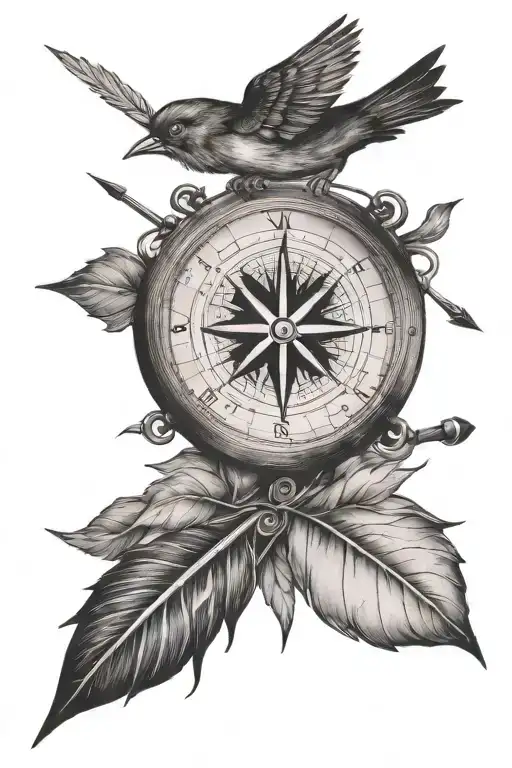 Compass With Arrow And Bird Flying