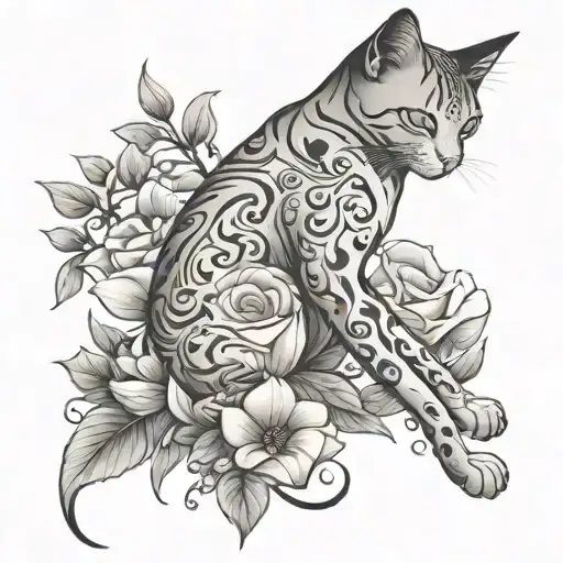 Stretching Cat And Flowers