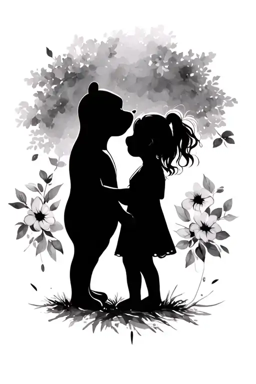 Silhouette Of Winnie The Pooh And A Little Girl Holding Hands