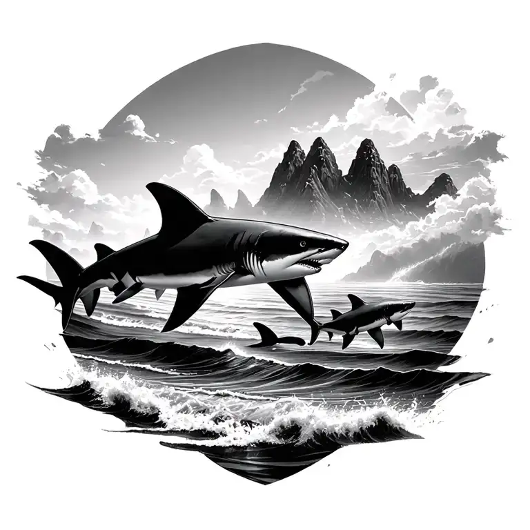 Mountains And Beach With Sharks