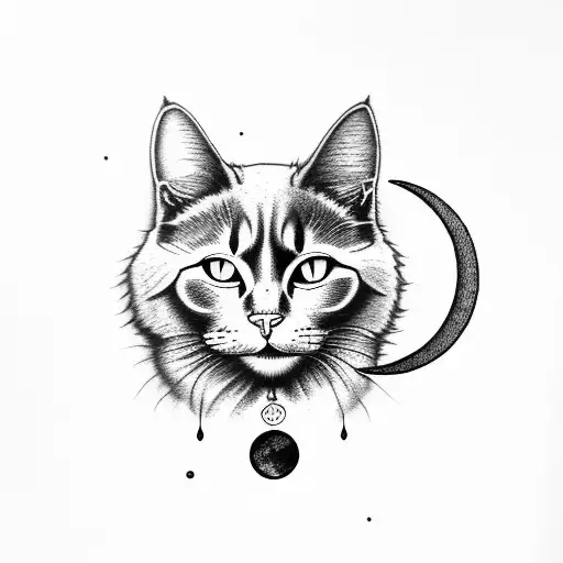 Full Body Long Haired Black Cat With Moon