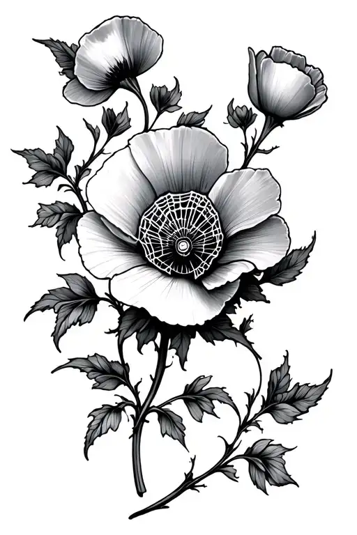 Poppy Vine And Spiderweb Tattoo No Background
