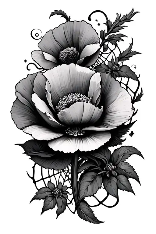 Poppy Vine And Spiderweb Tattoo No Background