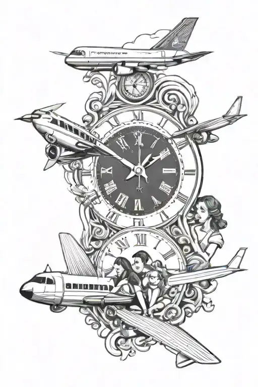 Clock With A Woman And 2 Children And An Airplane