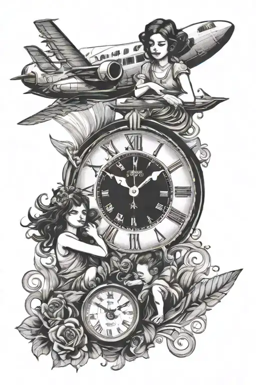 Clock With A Woman And 2 Children And A Plane Flying Over