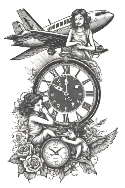 Clock With A Woman's Hand Holding Two Children's Hands And A Plane Flying Overhead