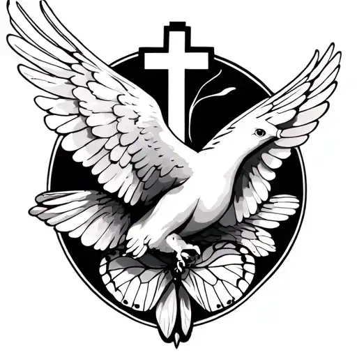 Dove Flying With A Cross And A Butterfly Forming With Angel Wings