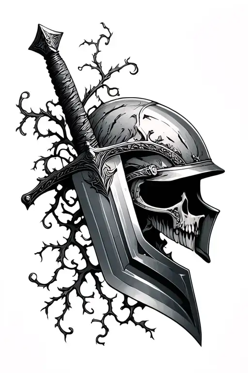 A Sword Going Thru Helmet With Vines Growing