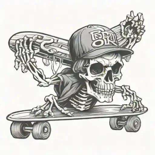 Half Skeleton With Skateboard And Backwards Hat Hanging 10