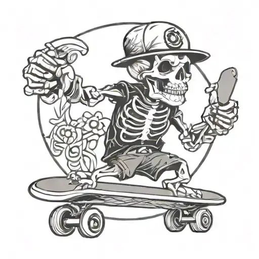 Half Skeleton Holding Skateboard Wearing Backwards Hat