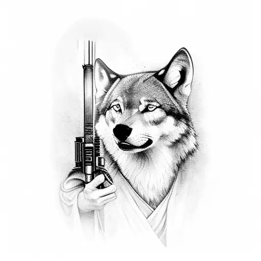 A Jedi Holding A Lightsaber With A Wolf Companion By Their Side