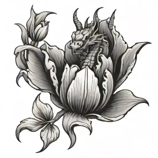 Tulip Flower With Dragon Flying