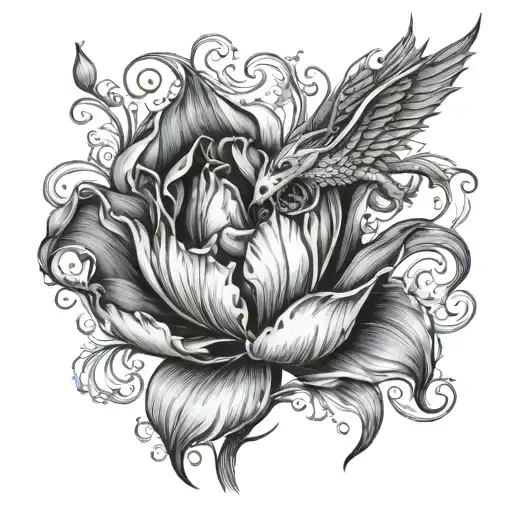 Tulip Flower With Dragon Flying