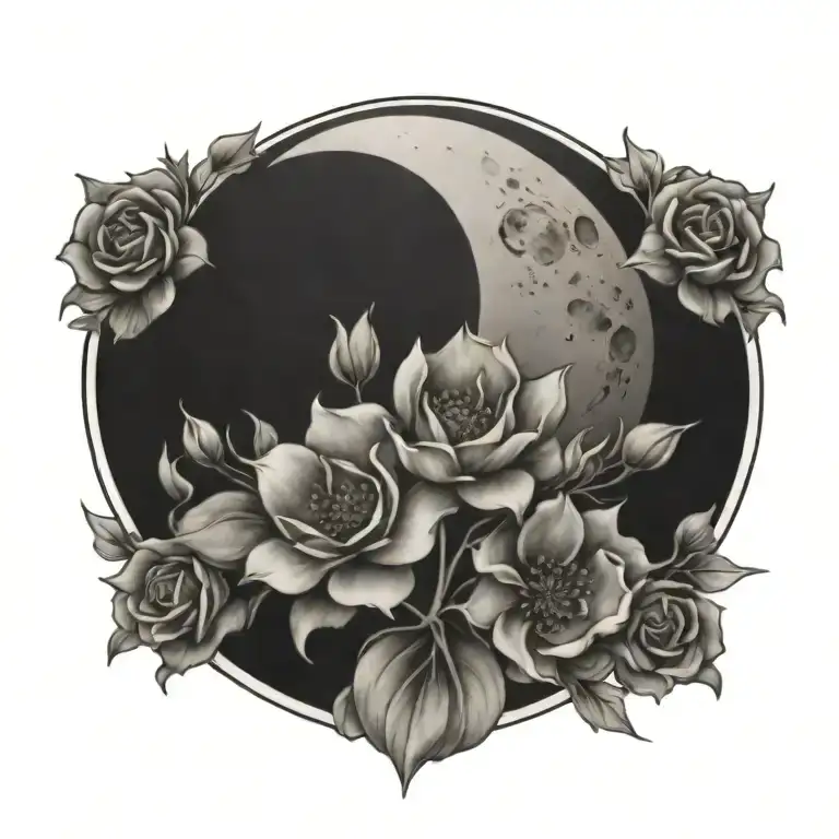 Moon Tattoo With Flowers