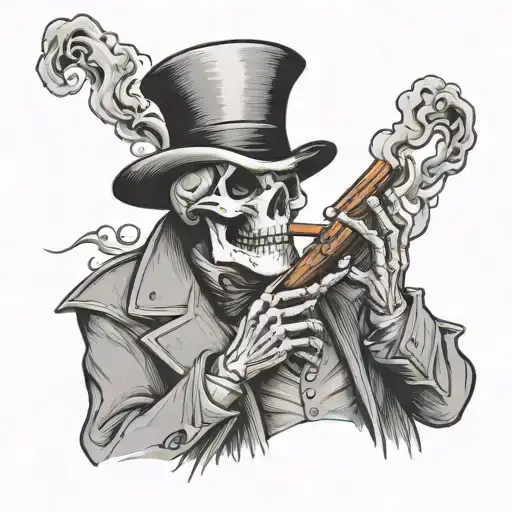 Skeleton In Top Hat And Trenchcoat Smoking A Cigar
