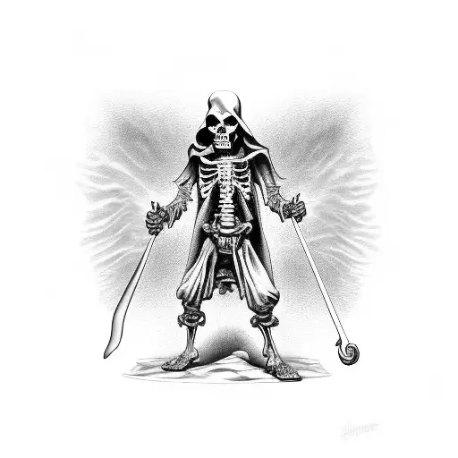 Grim Reaper Standing On Pile Of Skulls Holding An Hour Glass With Memento Mori Written Above