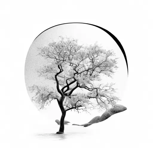 A Black-grey Tattoo Of A Photo Album Opening To Reveal A Beach Scene With A Lone Tree