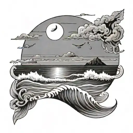 The Sea And Beach With Half Sunset One Side And Half Moon Reflecting In The Ocean