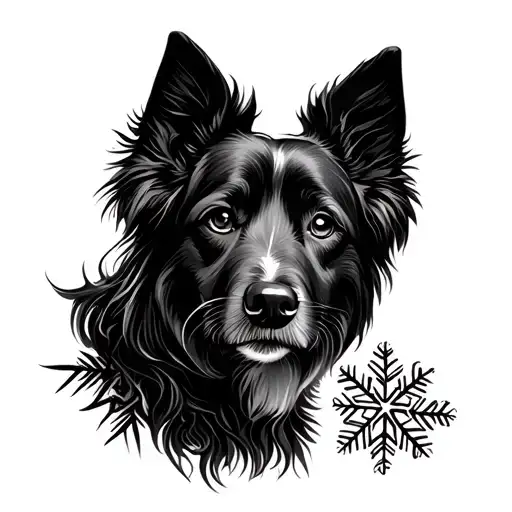 Fine Line Black Tattoo About A Dog And Snowflake Design