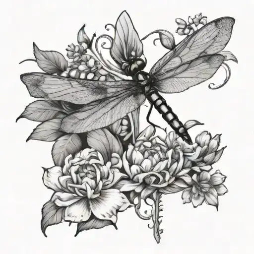 Feminine Tattoo Of A Dragonfly Surrounded By Delphinium And The Water Lilies