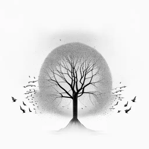 A Stylized Geometric Tree With Birds Perched On Its Branches